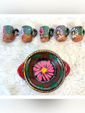 Jarritos de Barro Mexican Folk Art Handpainted Terracotta Mugs Set (5) with Bowl